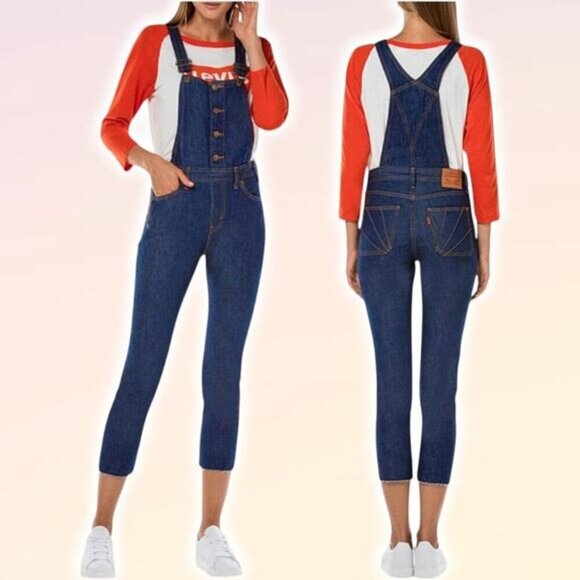 LEVI'S Orange Tab Overalls Jumpsuit Sz 25 Blue Raw Fringe Hem - Picture 3 of 14